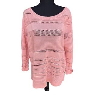 New York & Company Striped Open Knit Button Accent Sweater Blush Pink‎